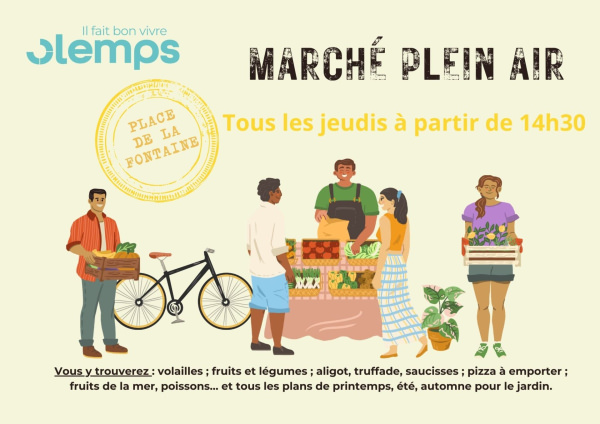 Marché de plein air, tous les jeudis à partir de 14h30 place de la fontaine. Vous y trouverez : volailles, fruits et légumes, aligot, truffade, saucisses, pizza à emporter, fruits de la mer, poissons