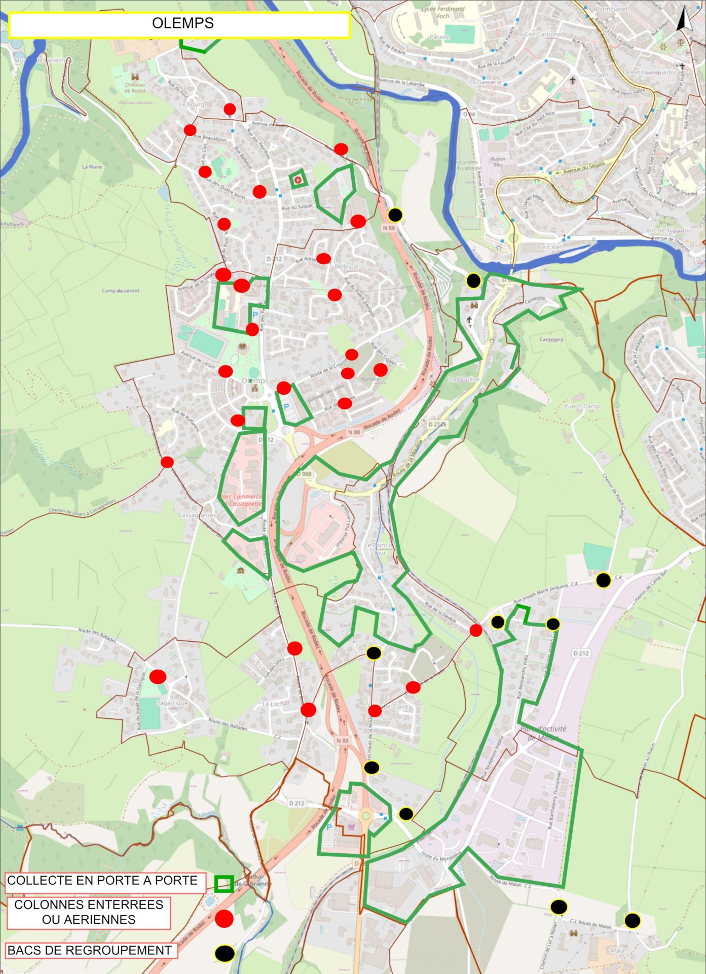 Carte août 2026 des points de collecte et des secteurs restant en porte à porte